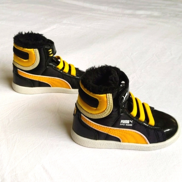 puma first round high top sneakers yellow & black patent toddler boys size 6 - Picture 6 of 11